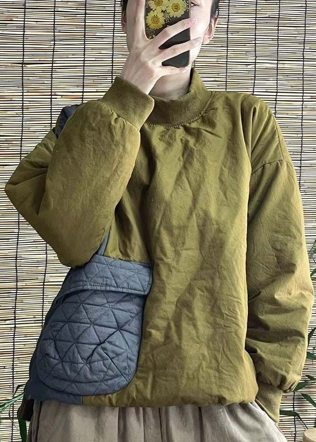 Green Stand Collar Pocket Patchwork Fine Cotton Filled Parkaer Winter