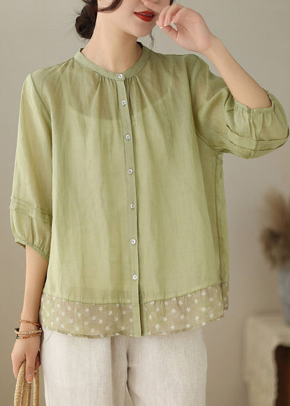 Green Stand Collar Print Patchwork Linen Shirt Tops Summer