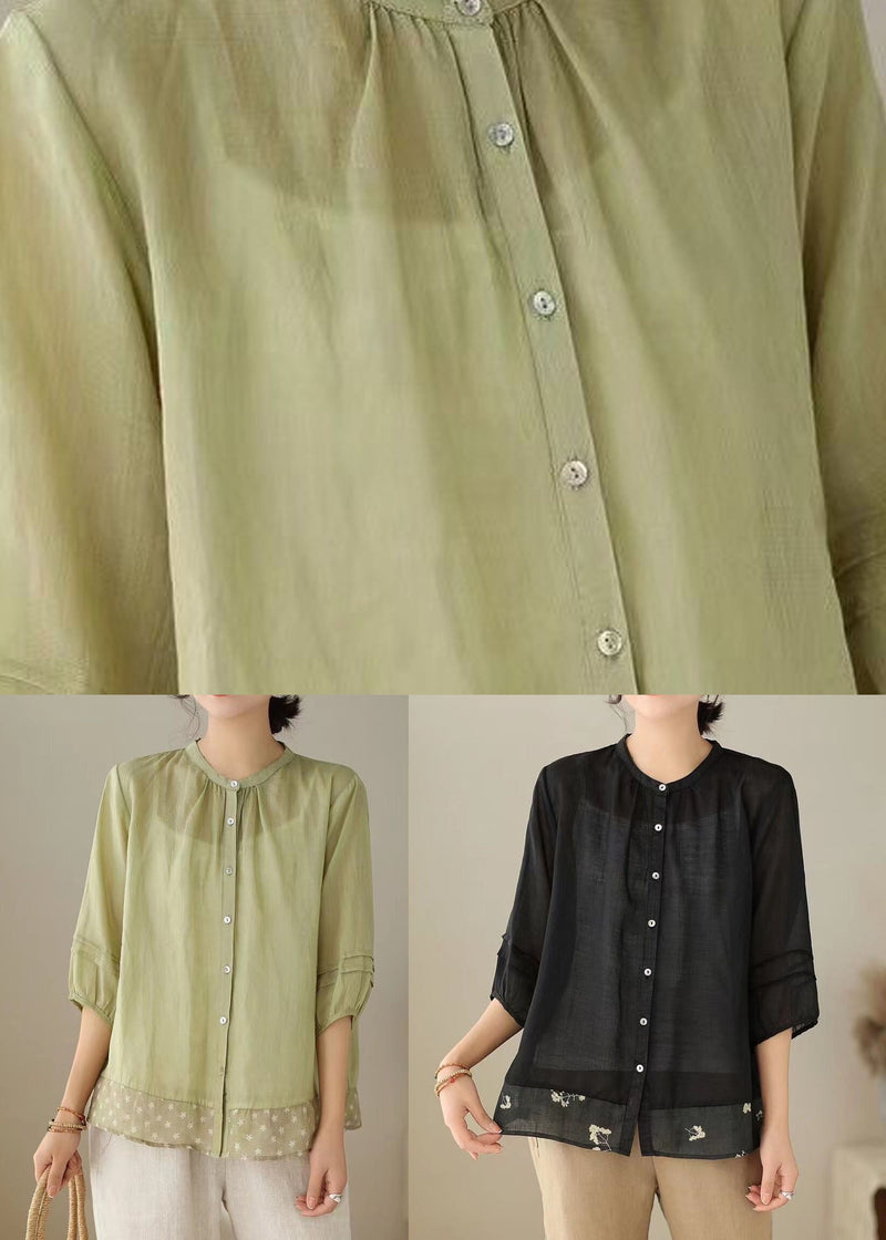 Green Stand Collar Print Patchwork Linen Shirt Tops Summer
