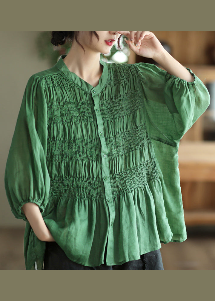 Green Stand Collar Wrinkled Patchwork Cotton Shirt Summer