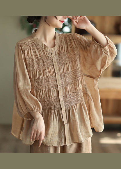 Green Stand Collar Wrinkled Patchwork Cotton Shirt Summer