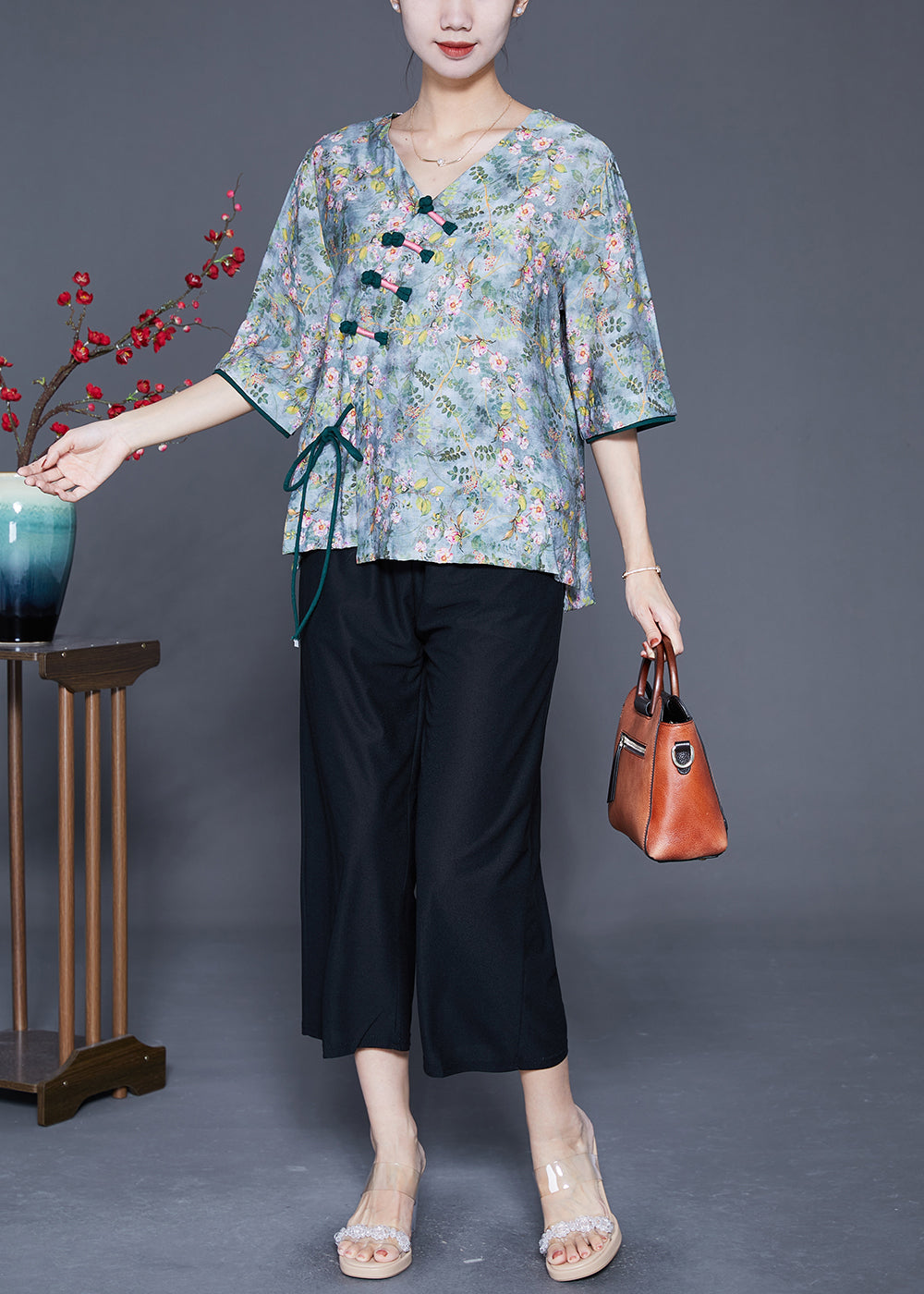 Green Tie Dye Chinese Button Linen Shirt Top Summer