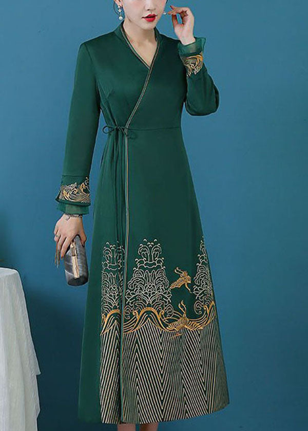 Green Tie Waist Print Silk Cinch Dress Fall