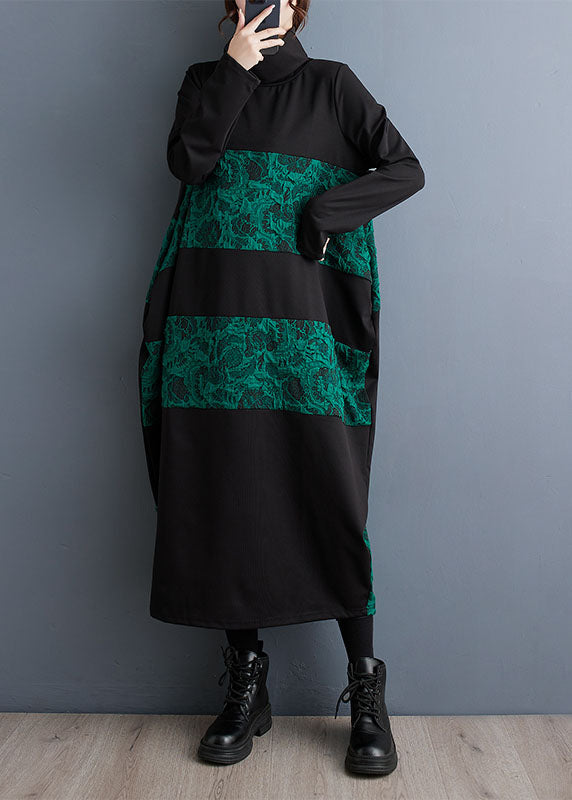Green Turtleneck Patchwork Print Pockets Maxi Dresses Fall