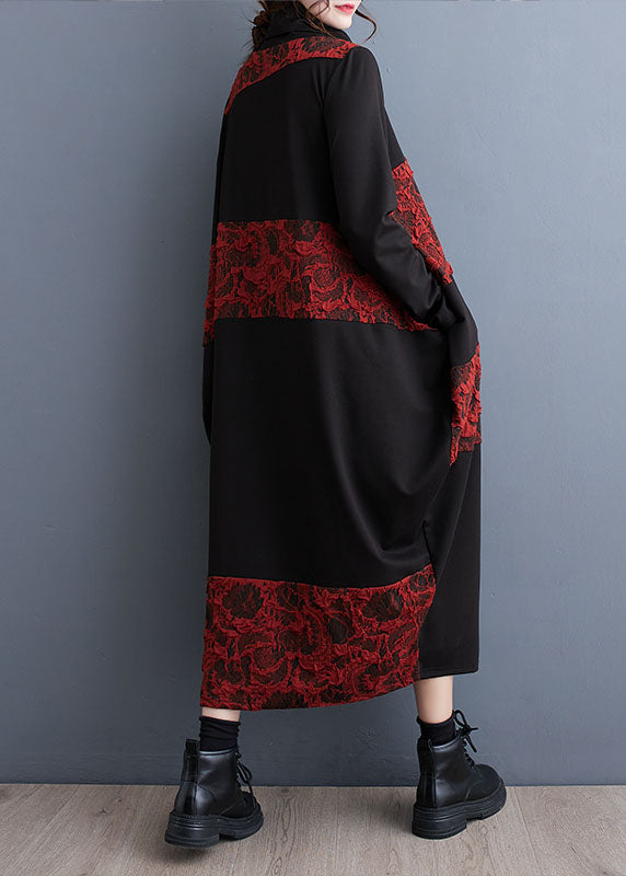 Green Turtleneck Patchwork Print Pockets Maxi Dresses Fall