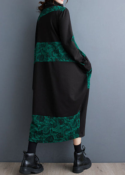 Green Turtleneck Patchwork Print Pockets Maxi Dresses Fall