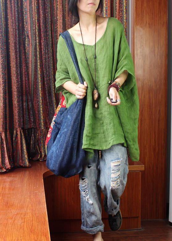 Women Green U Neck Linen Summer Shirt Tops