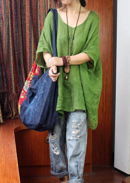 Women Green U Neck Linen Summer Shirt Tops