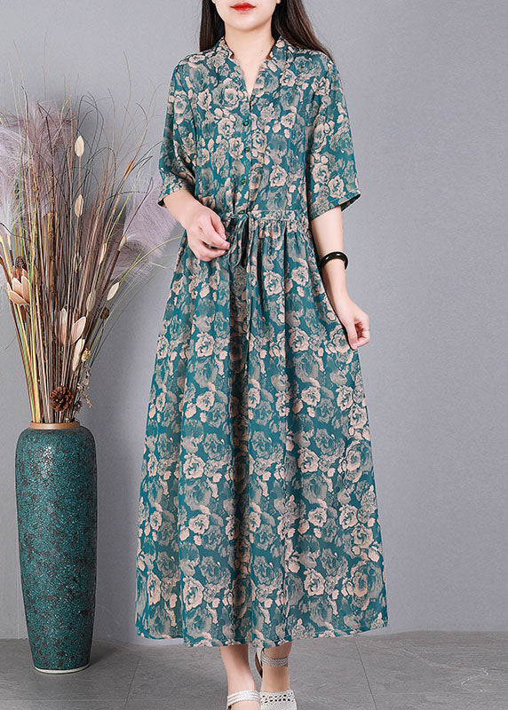 Green V Neck Drawstring Print Silk Long Dress Short Sleeve