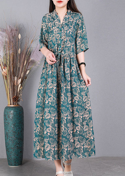 Green V Neck Drawstring Print Silk Long Dress Short Sleeve