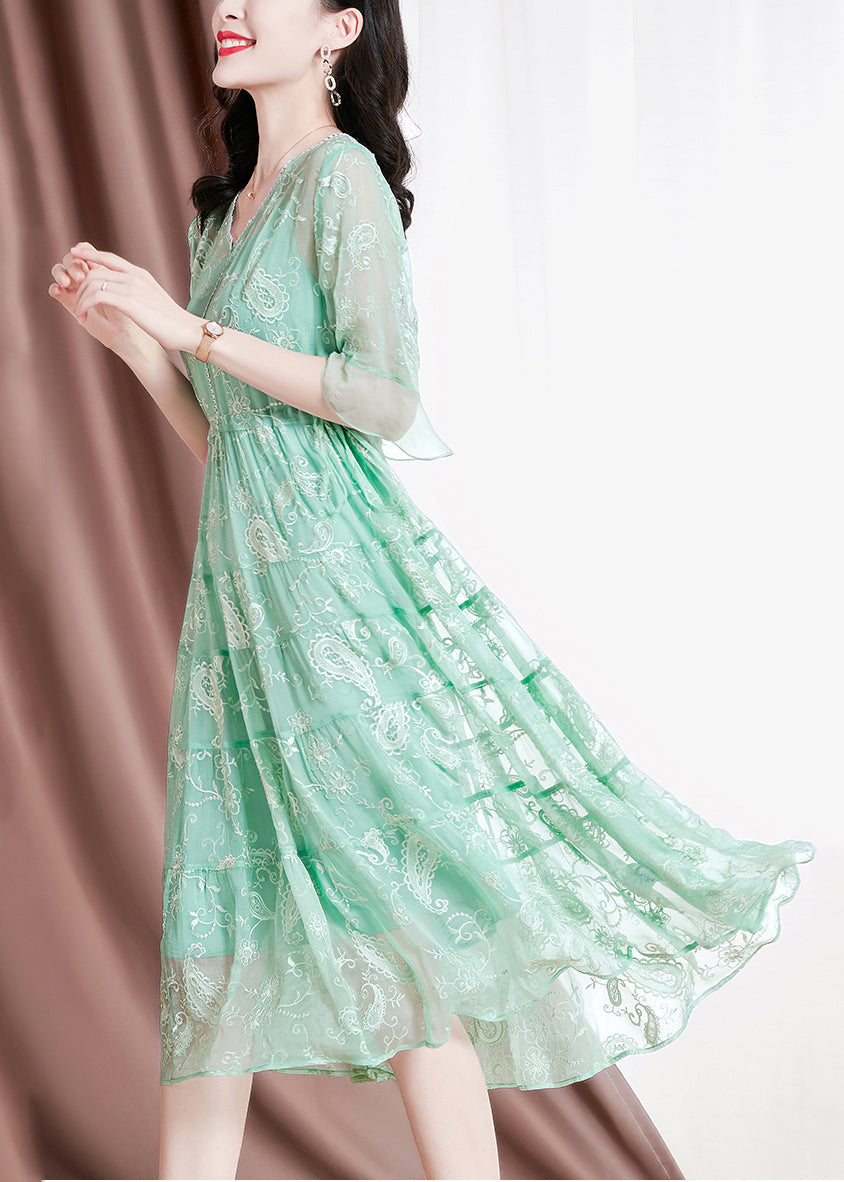 Green V Neck Embroideried Drawstring Silk Vacation Dresses Flare Sleeve