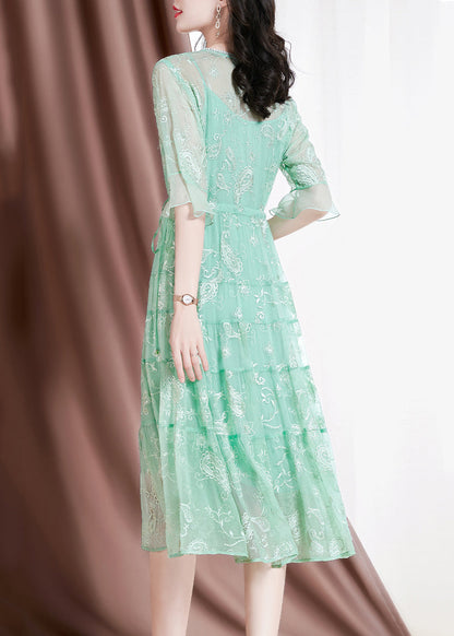 Green V Neck Embroideried Drawstring Silk Vacation Dresses Flare Sleeve