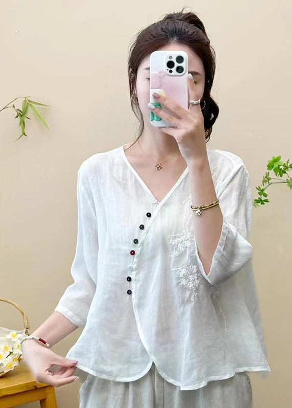 Green V Neck Embroideried Patchwork Linen Tops Summer