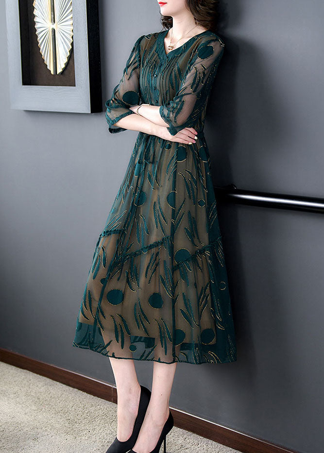 Green V Neck Print Patchwork Silk Dress Summer