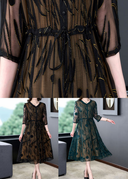 Green V Neck Print Patchwork Silk Dress Summer