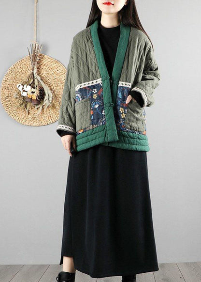 Green V Neck Fine Cotton Filled Puffers Jackets Winter