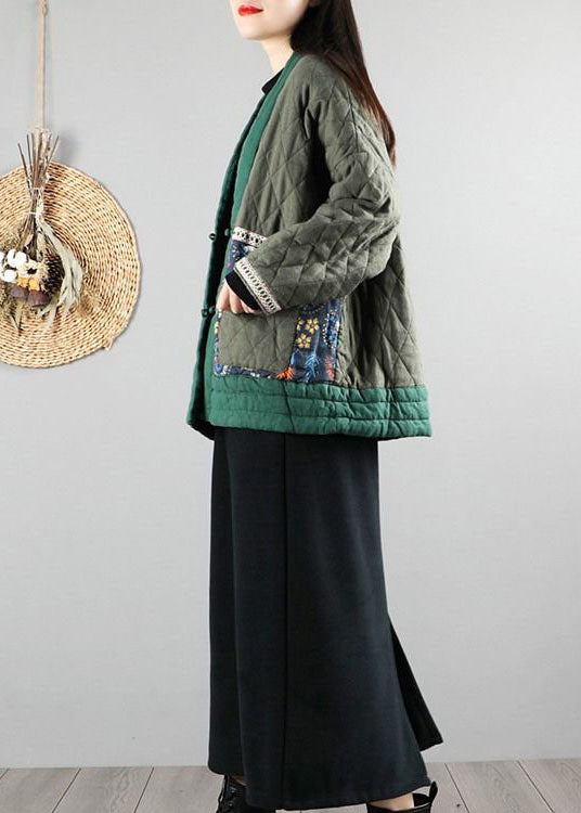 Green V Neck Fine Cotton Filled Puffers Jackets Winter