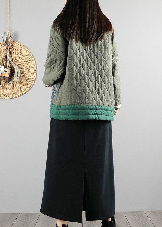 Green V Neck Fine Cotton Filled Puffers Jackets Winter