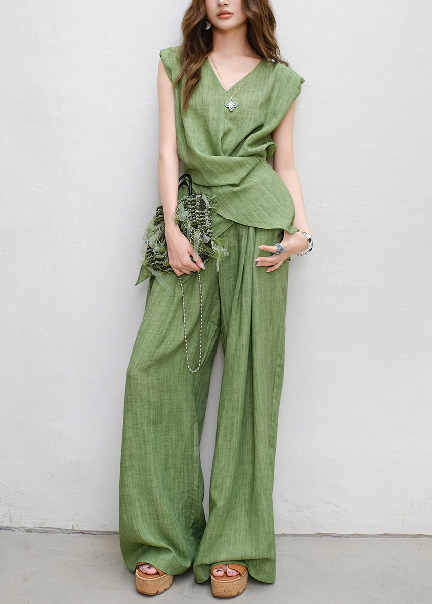 Green V Neck Lace Up Tops and Pants Linen Two Piece Set Sleeveless