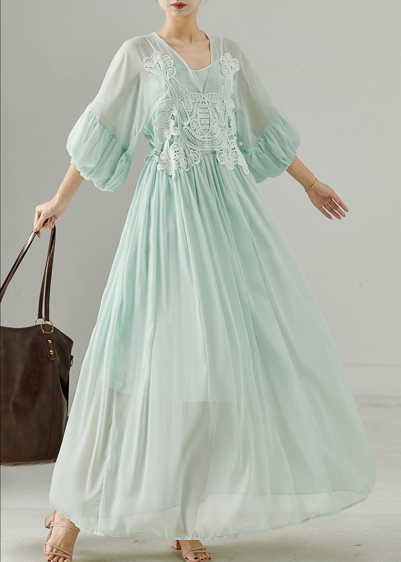 Green V Neck Patchwork Chiffon Long Dress Summer