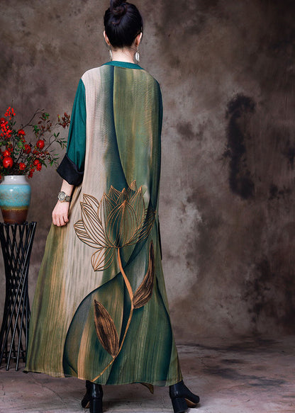 Green V Neck Patchwork Layered Silk Vacation Dresses Bracelet Sleeve