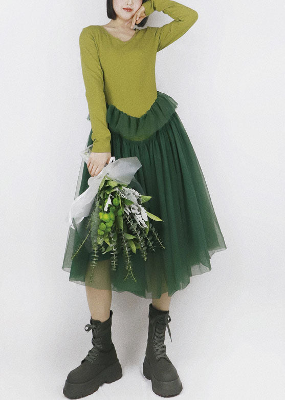 Green V Neck Patchwork Tulle Exra Large Hem Cotton Long Dress Long Sleeve