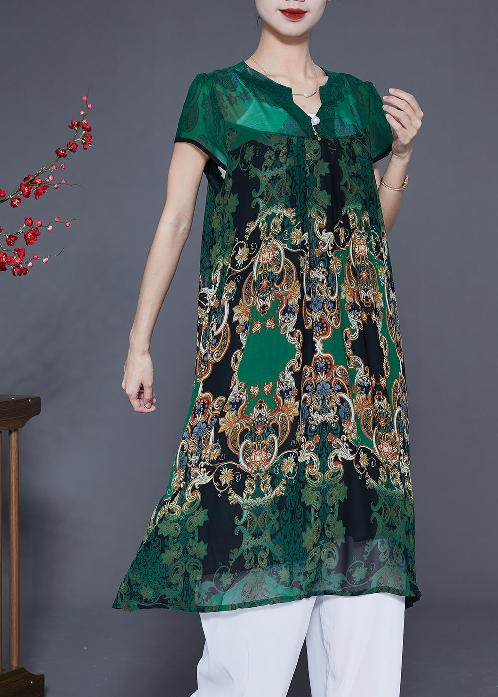 Green V Neck Print Chiffon Holiday Dress Summer