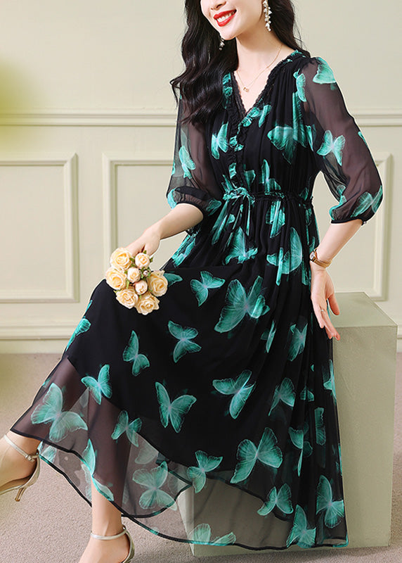 Green V Neck Print Drawstring Silk Dresses Summer