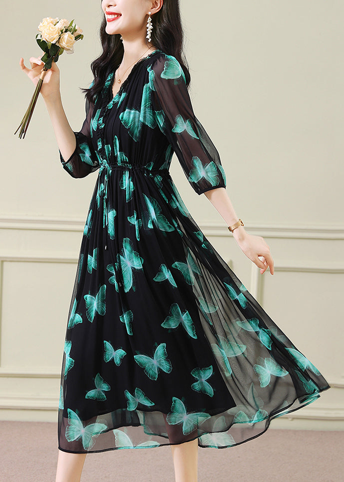 Green V Neck Print Drawstring Silk Dresses Summer