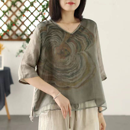 Green V Neck Print Tulle T Shirts Summer