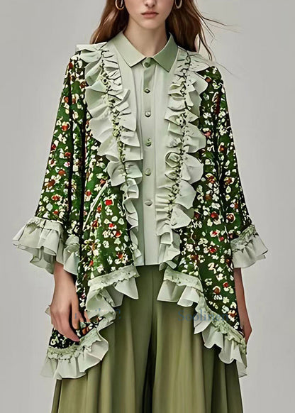 Green V Neck Ruffled Print Patchwork Cardigan Fall