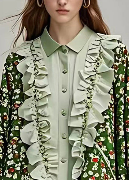 Green V Neck Ruffled Print Patchwork Cardigan Fall