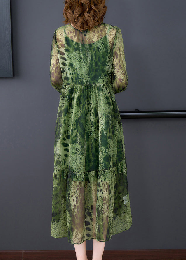 Green V Neck Ruffles Print Chiffon Long Dress Two Piece Set Long Sleeve