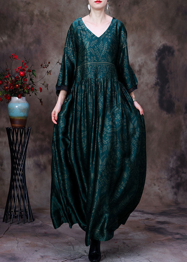 Green V Neck Wrinkled Print Silk Maxi Dresses Bracelet Sleeve