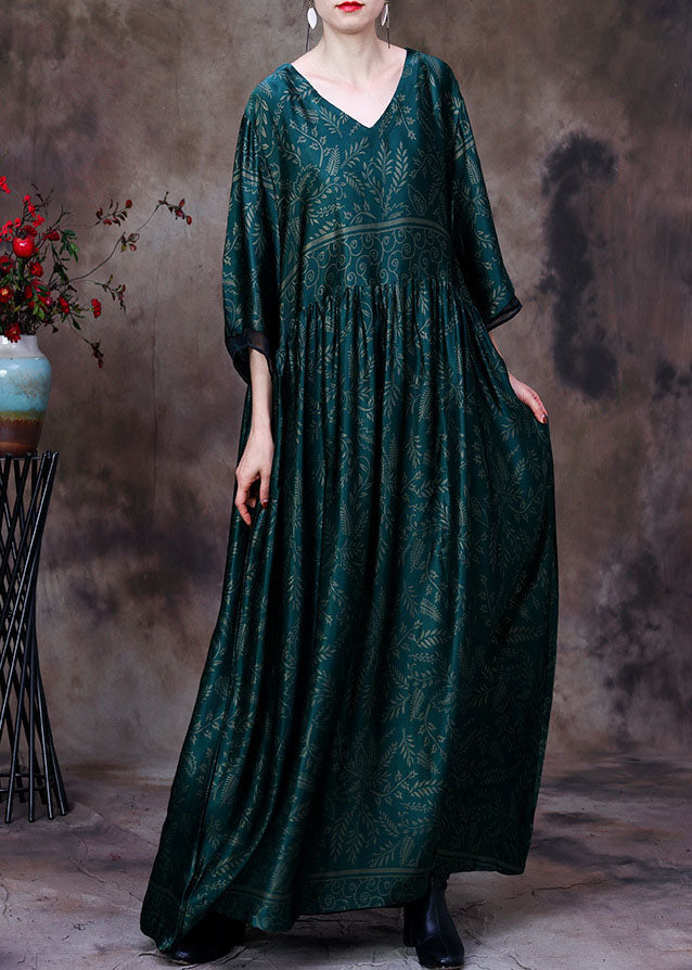 Green V Neck Wrinkled Print Silk Maxi Dresses Bracelet Sleeve
