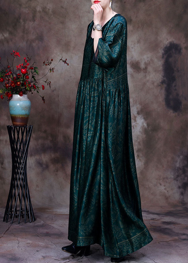 Green V Neck Wrinkled Print Silk Maxi Dresses Bracelet Sleeve