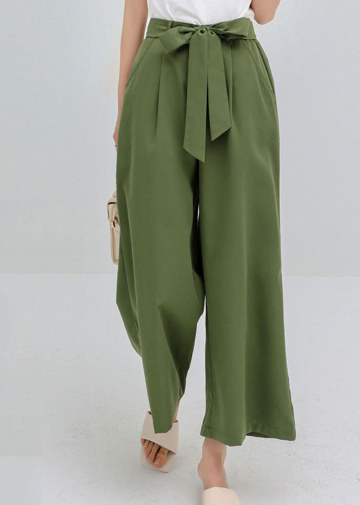 Green Wrinkled Bow Pockets Cotton Crop Pants Summer