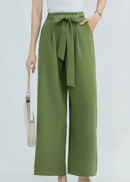 Green Wrinkled Bow Pockets Cotton Crop Pants Summer