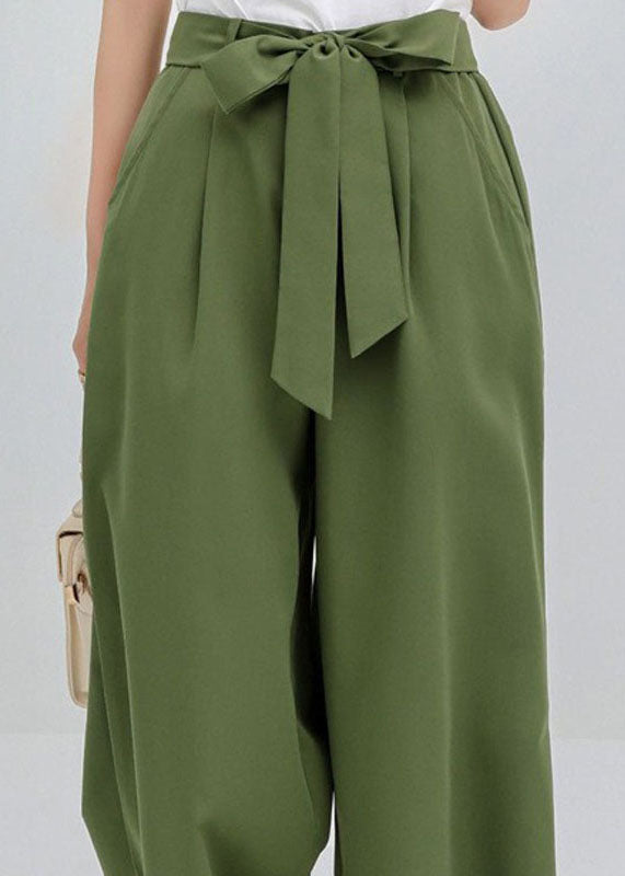 Green Wrinkled Bow Pockets Cotton Crop Pants Summer