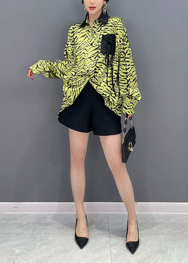 Green Zebra Pattern Patchwork Pocket Chiffon Tops Spring