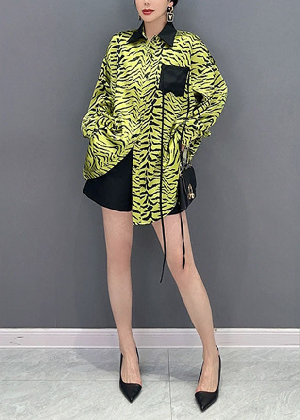 Green Zebra Pattern Patchwork Pocket Chiffon Tops Spring