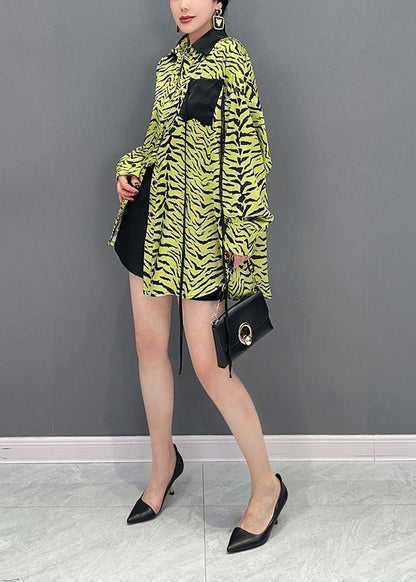 Women Green Zebra Pattern Patchwork Pocket Chiffon Tops Spring
