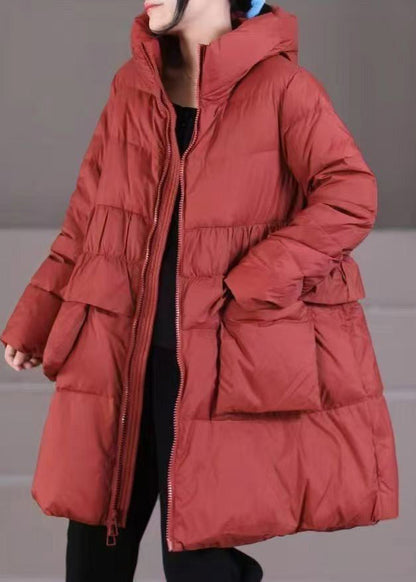 Green Zippered Patchwork Pockets Hooded Parka Winter