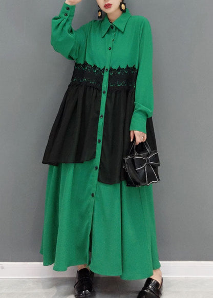Green Button Peter Pan Collar Lace Patchwork Shirt Dress Spring