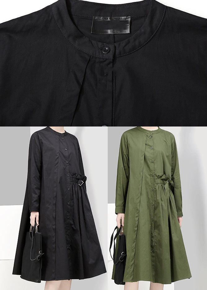 Green Button Asymmetrical Design Stand Collar Shirt Dresses Spring