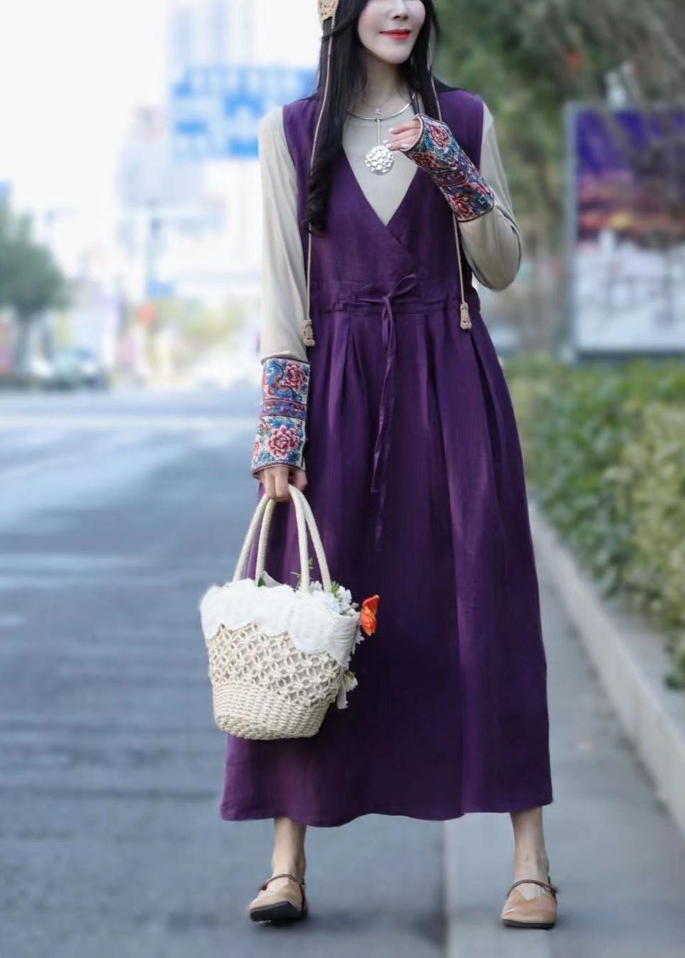 Green Tie Waist V Neck Linen Vacation Dresses Spring