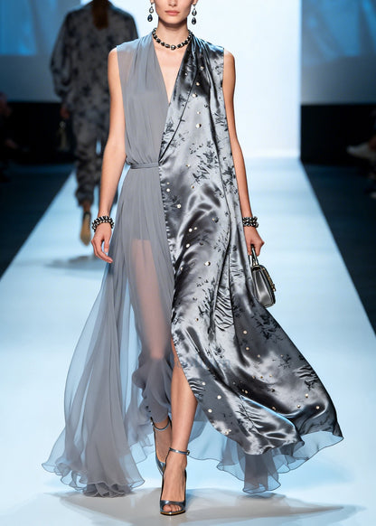 Grey Asymmetrical Patchwork Chiffon Fake Two Piece Dress Summer