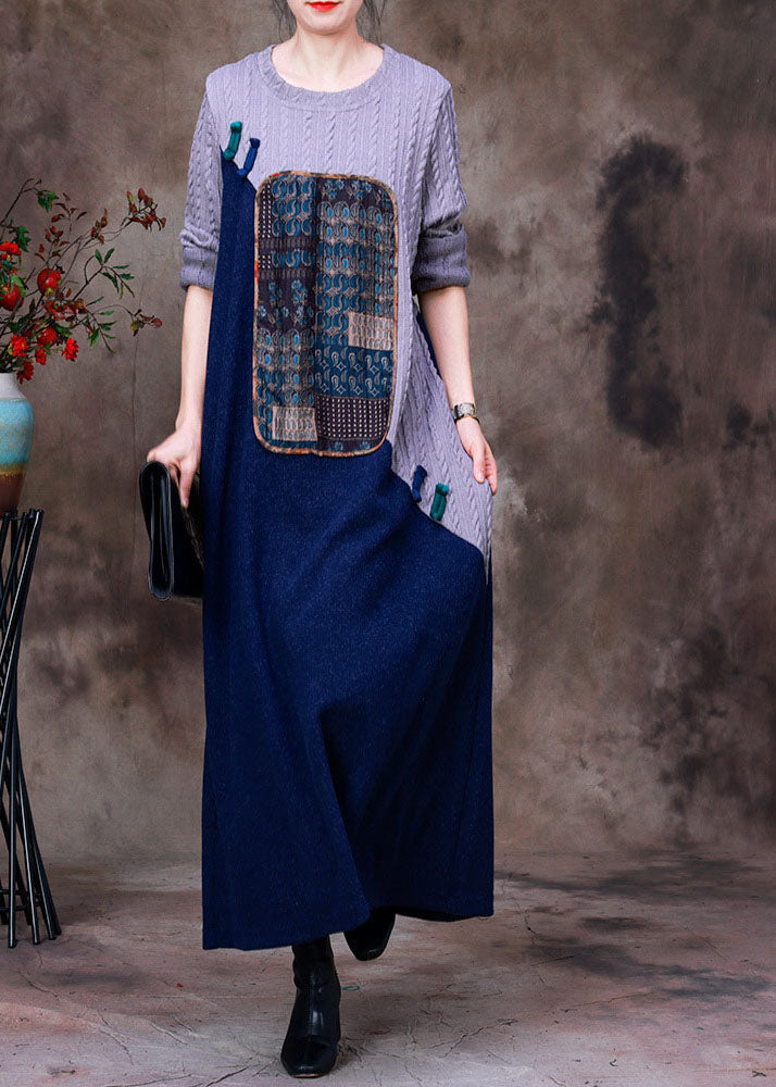 Grey Blue Patchwork Oriental Button Knit Sweater Dress Long Sleeve