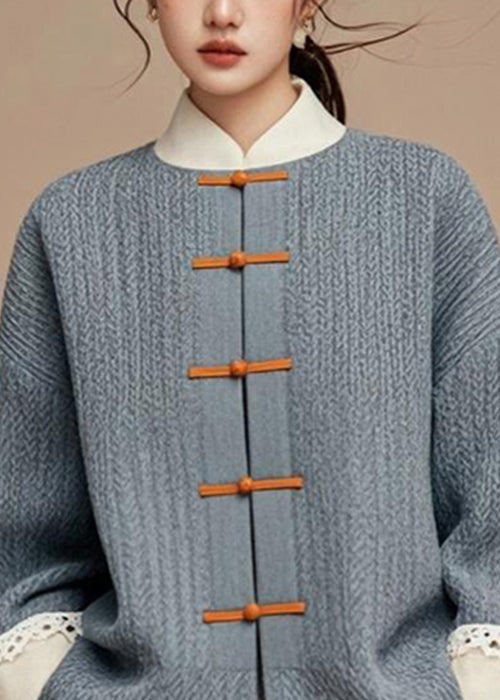 Grey Button Patchwork Cotton Coats Fall