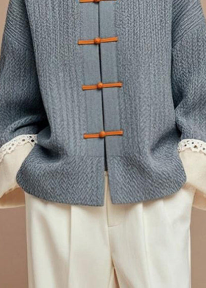 Grey Button Patchwork Cotton Coats Fall